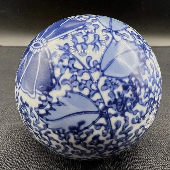 Floral Clay Ceramic Spheres (4). White Blue sizes 3”-4” diameter